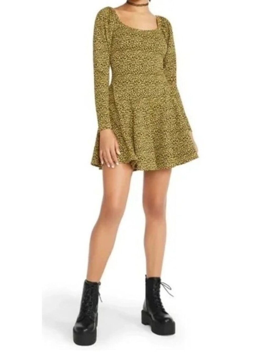 Betsey Johnson Women Leopard Print Long Sleeve Circle Skirt Skater Dress S NWT